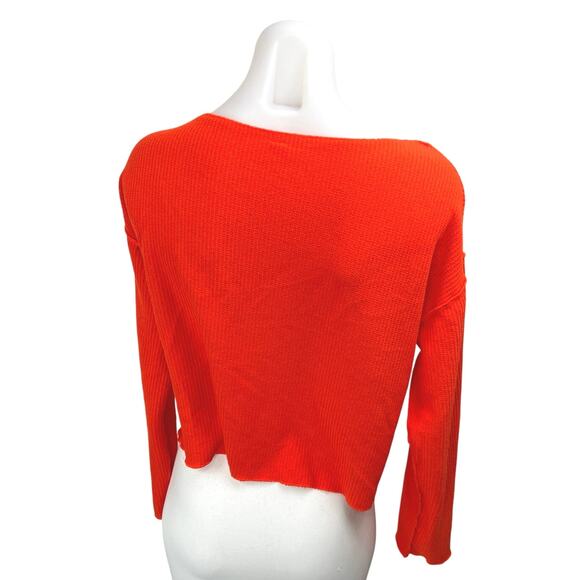 Anthropologie Orange Waffle Knit Long Sleeve Pocket Crop Sweater Top Size XS - Picture 2 of 4
